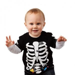 Toddler in a skeleton t-shirt as a Halloween costume