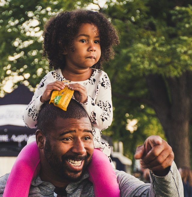 Dad carrying daughter on shoulders