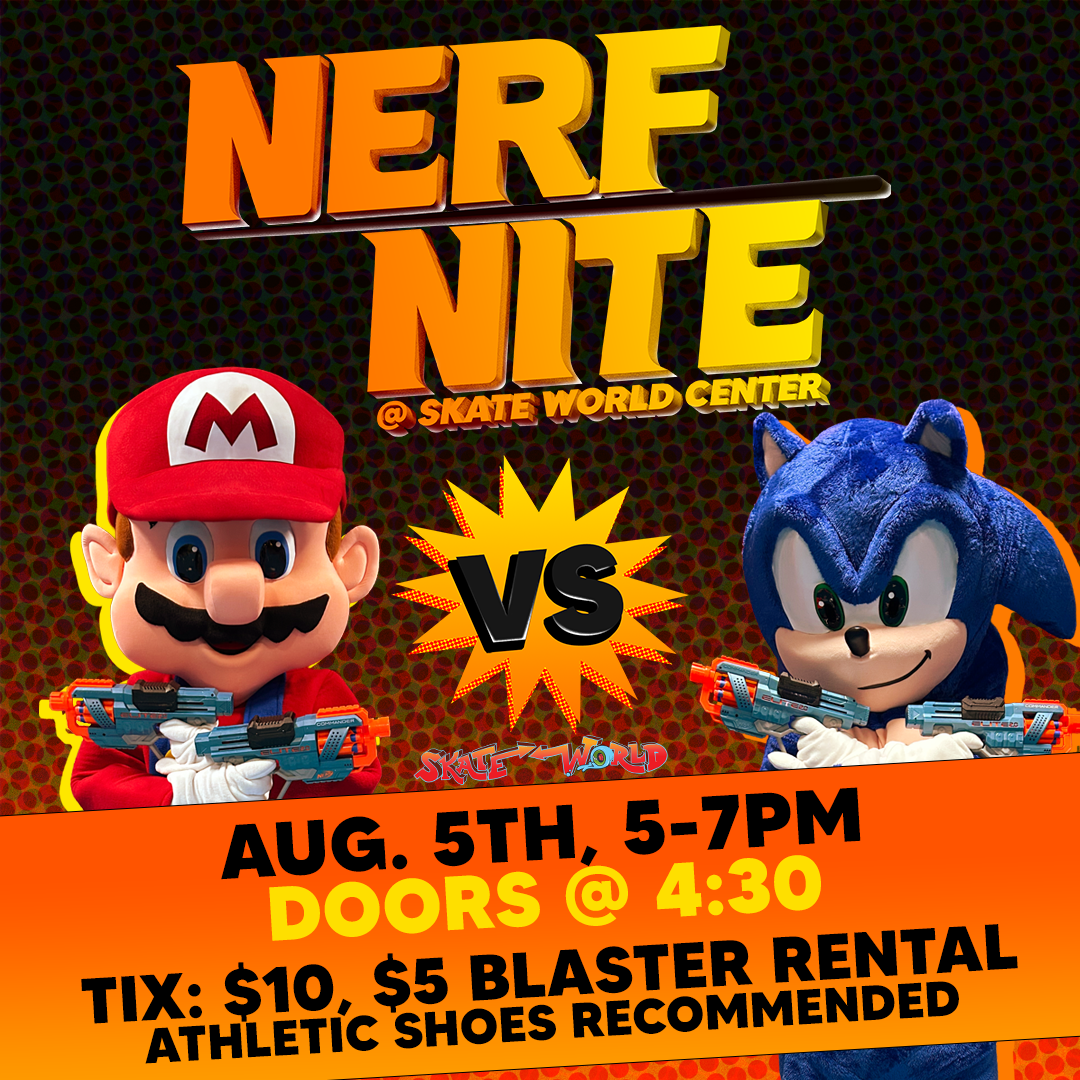 Nerf Night: Mario VS Sonic is on August 5th from 5 to 7PM. Doors open at 4:30PM. The graphic has an orange and grey background and shows mario and sonic under a Nerf Night logo.