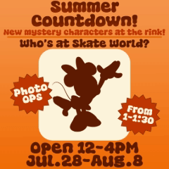 Graphic for our Sensory Skate Night on July 8th from 6 to 8PM. Tickets are $9 online, and you can meet Steve from Minecraft. Image is of a varied purple background with neon signs of a pair of skates and a palm tree.
