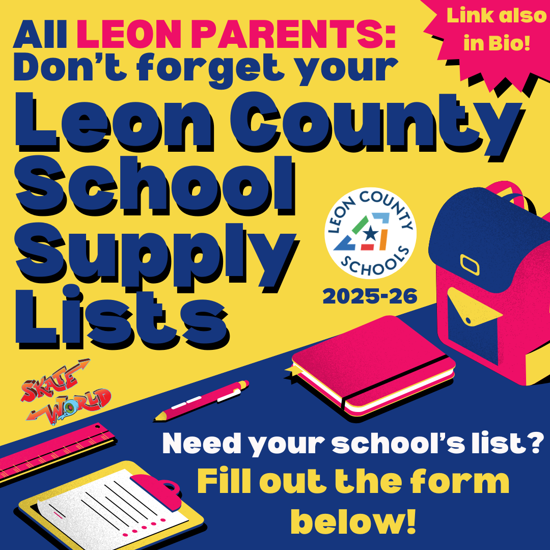 Leon County Parents can click this image to fill out a brief form and get their child's school supply list!</p>
<p>The graphic is yellow, blue, and pink, and shows images of various school supplies.