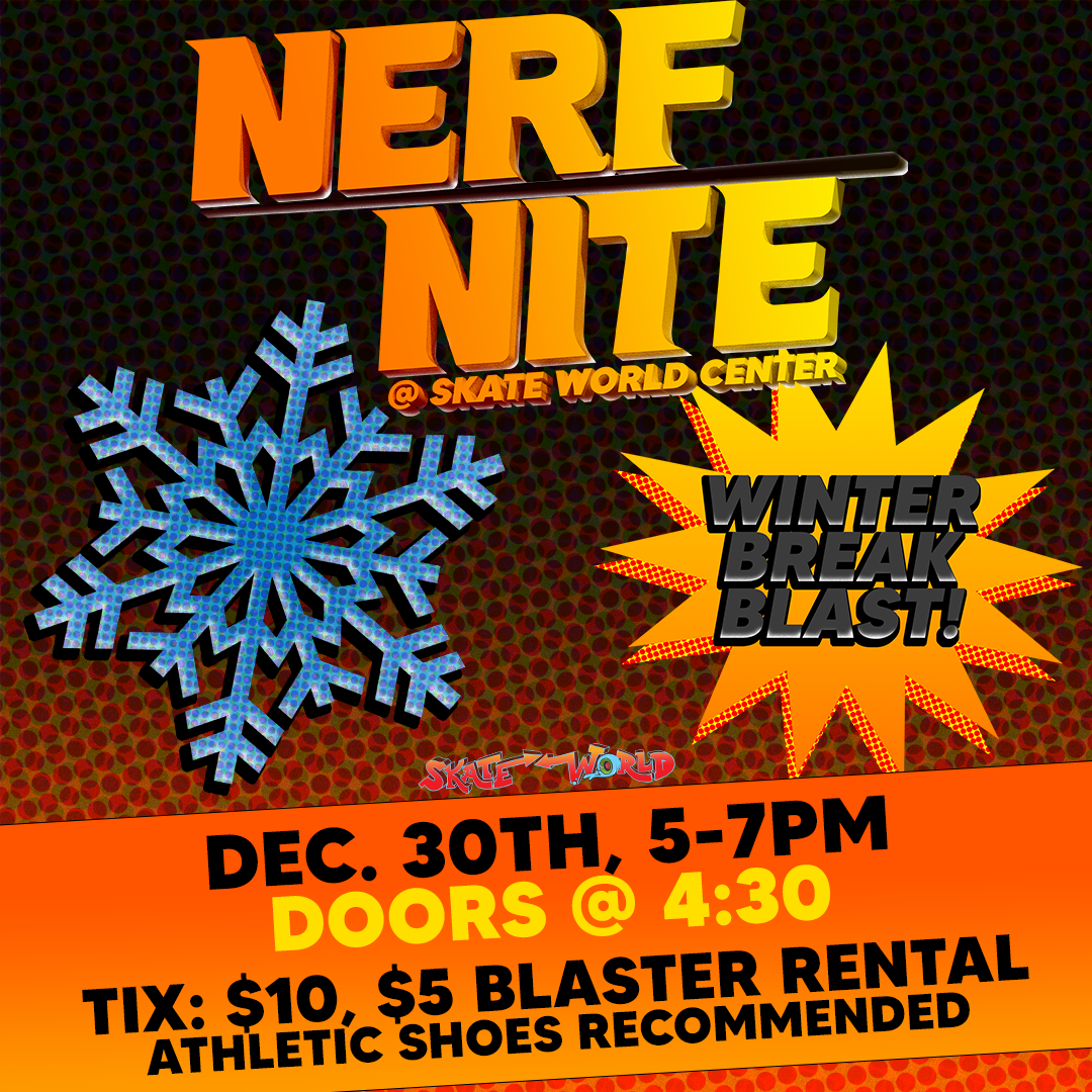 Nerf Night: Mario VS Sonic is on August 5th from 5 to 7PM. Doors open at 4:30PM. The graphic has an orange and grey background and shows mario and sonic under a Nerf Night logo.