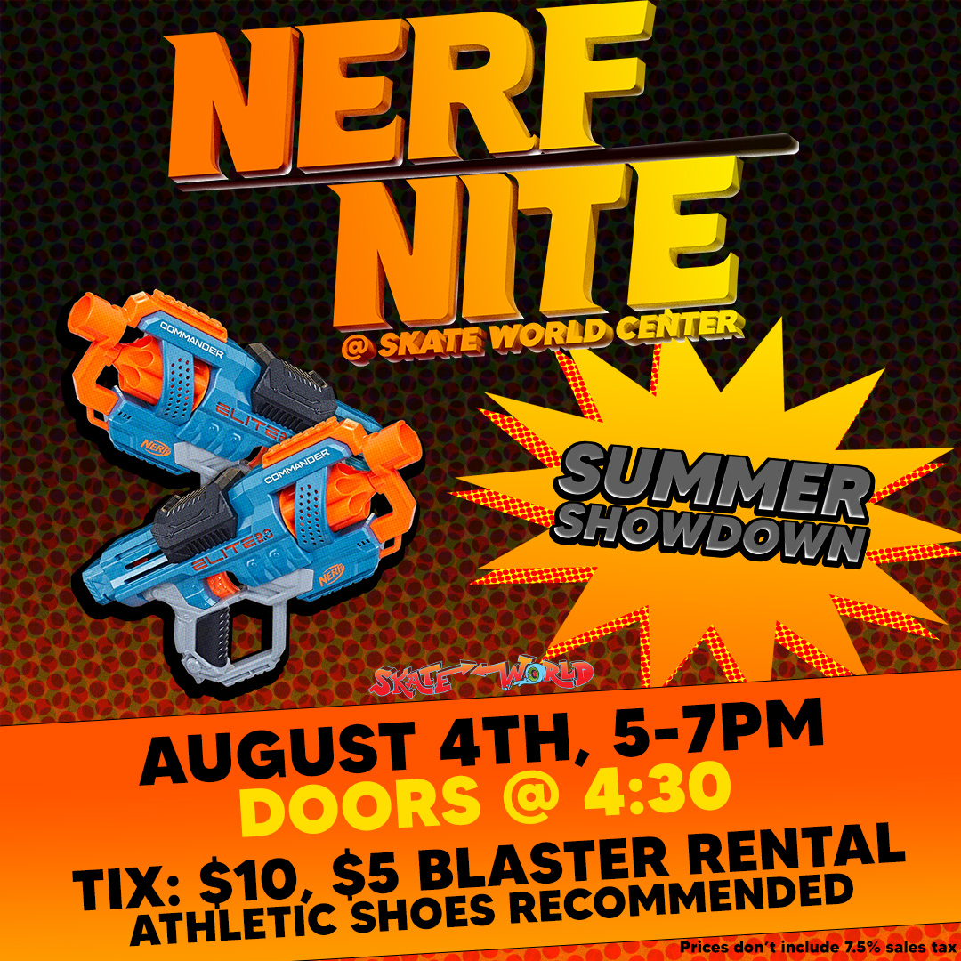 Nerf Nite Aug 4 2026 fb insta fetch Graphic for our Summer Kickoff Nerf Night on March 17th. Two Nerf blasters are against a black and orange background.