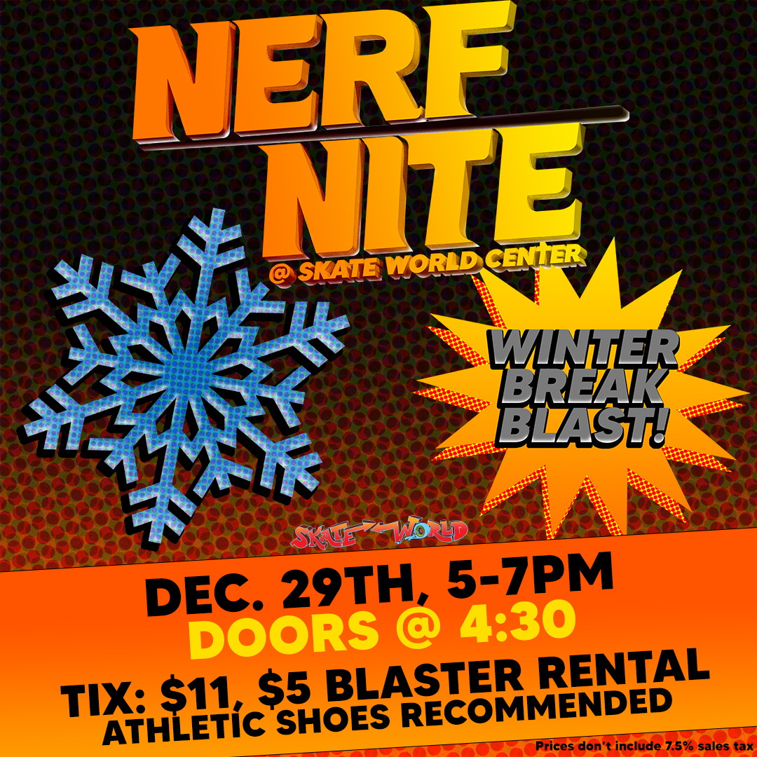 Nerf Nite Winter fb insta post 12-29-26 Graphic for our Winter Break Nerf Nite. It displays orange and grey text with a large blue snowflake on the left side.