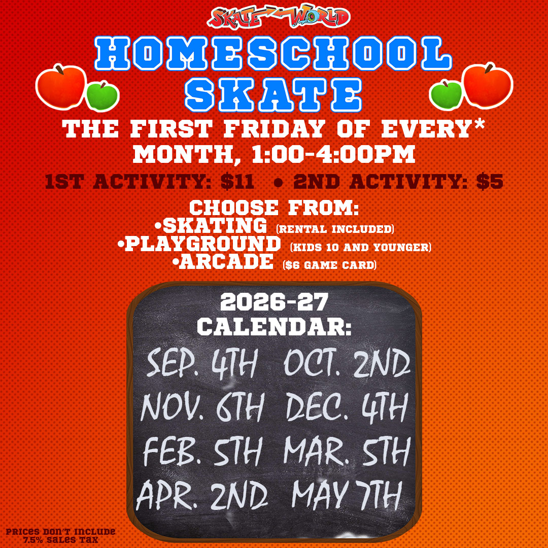 Homeschool 2026-27 FB Insta post Mario, Luigi, and Bowser will be at skate world on March 27th from 5 to 8 PM!